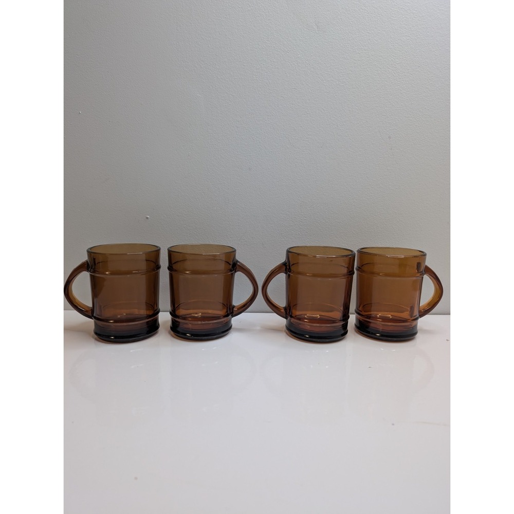 Anchor Hocking Brown Amber Glass Barrel Style Coffee Cup mug Ovenproof Set Of 4